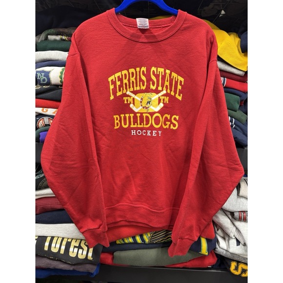 Vintage Ferris State Bulldogs Hockey Sweatshirt Men's M 21x26 Yellow Crewneck - Picture 1 of 6